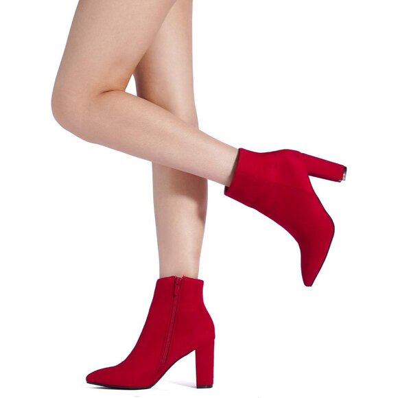 Dream Pairs Women's Red Pointed Toe Fur Lining Chunky Block Heel Ankle Booties - Picture 7 of 7